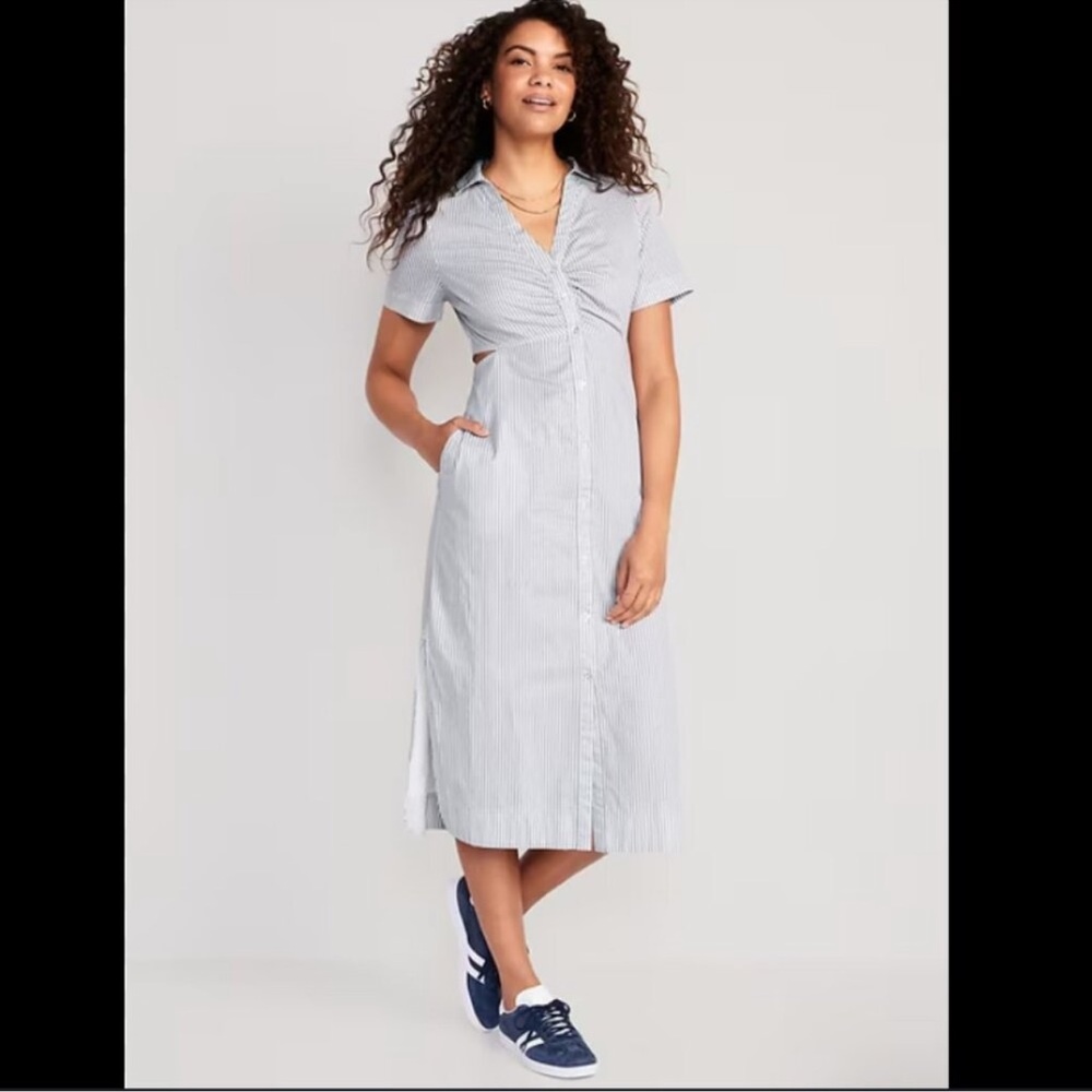Old Navy Stripe Blue White Button Down Cutout Shirt Midi Dress XL